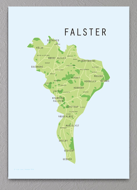 Mange Betsy Trotwood immunisering FALSTER KORT PLAKAT - Grafisk plakat med kort over Falster